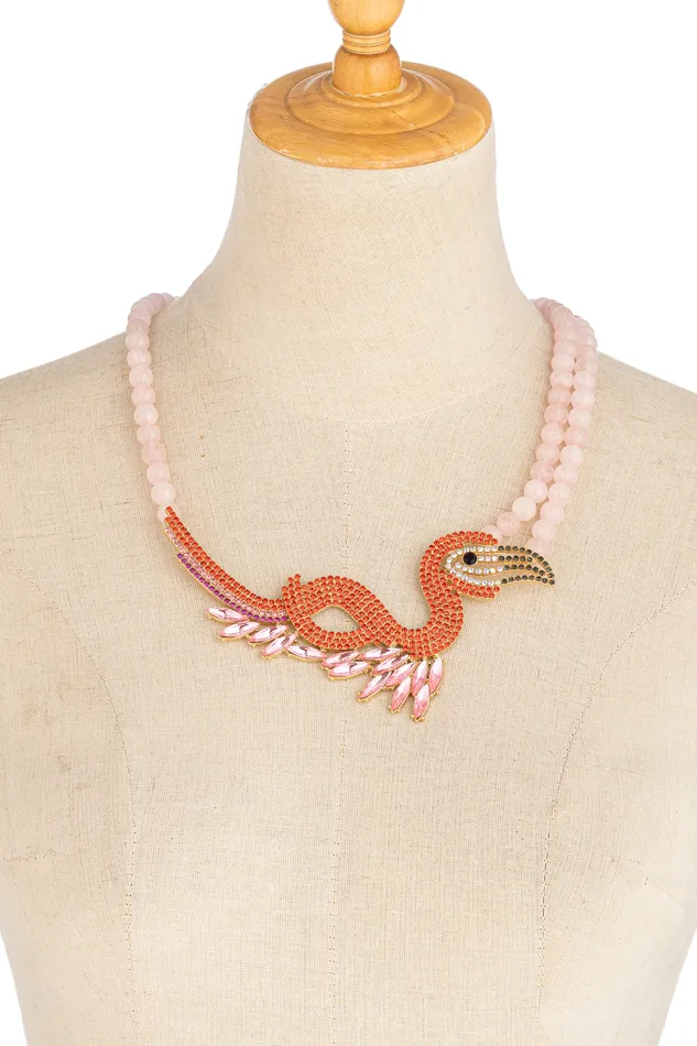 Necklaces Eye Candy LA Flamingo Rose Quartz Statement Necklace