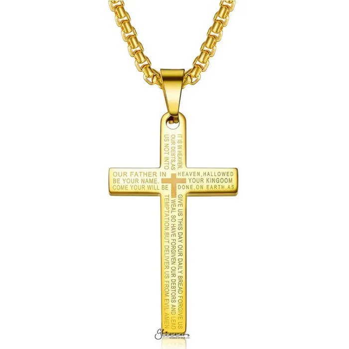 Necklaces Glitters Lords Prayer Cross Stainless Steel Pendant Gold