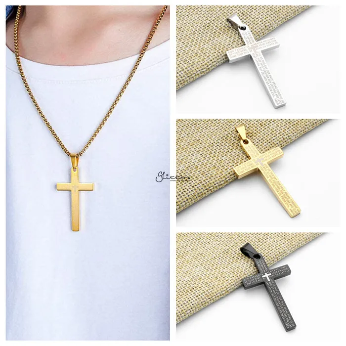Necklaces Glitters Lords Prayer Cross Stainless Steel Pendant Gold