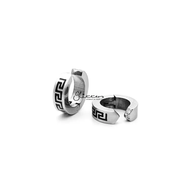 NonPierced Stainless Steel Clip On Greek Key Hoop Earrings Glitters Earrings