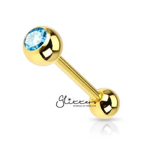PreStyled Sets Glitters 18K Gold IP Over Surgical Steel Tongue Bar with Single Aqua Crystal