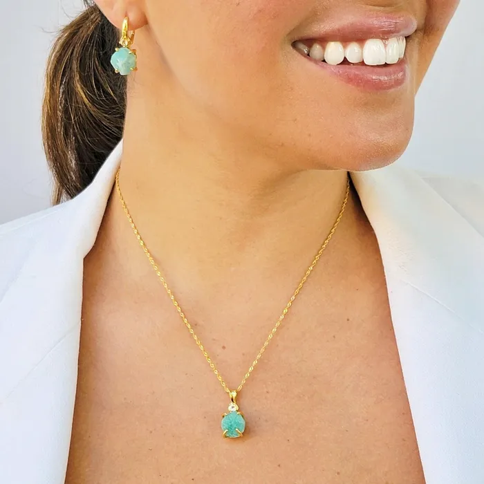 Raw Amazonite Necklace Drop Earrings Set Uniquelan Jewelry Earrings