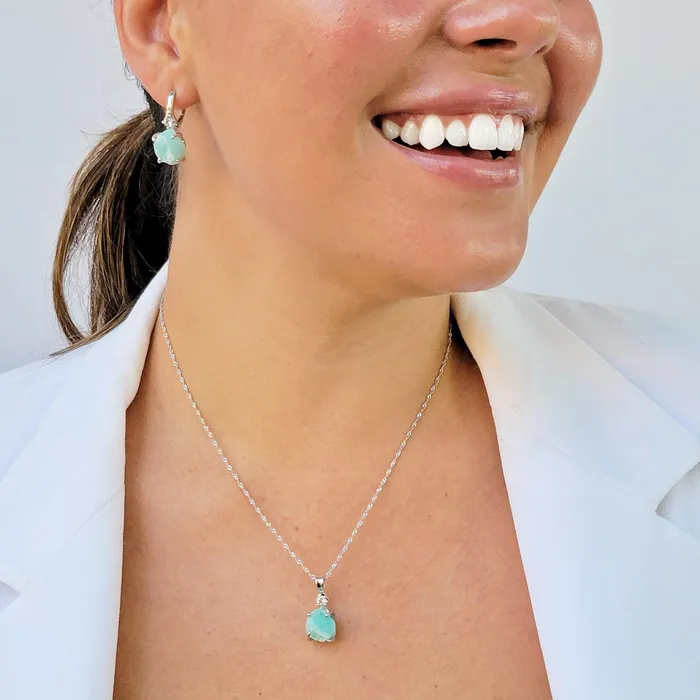 Raw Amazonite Necklace Drop Earrings Set Uniquelan Jewelry Earrings