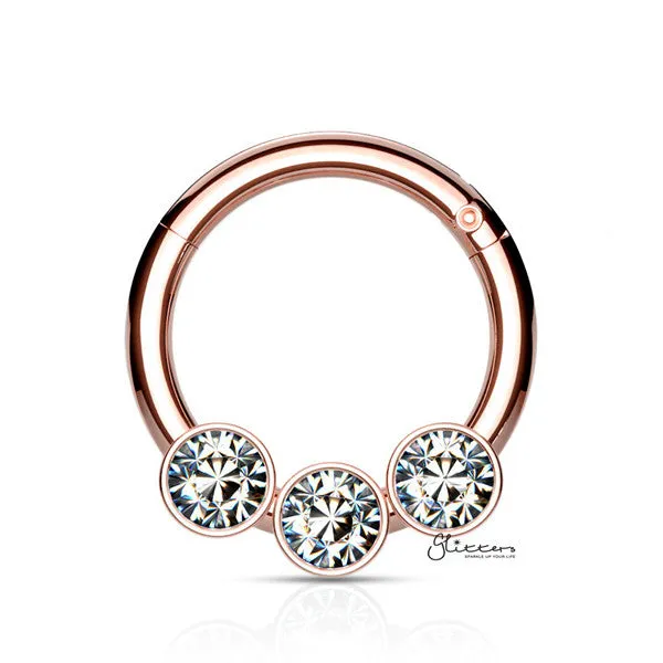 Rings Glitters 316L Surgical Steel Hinged Segment Hoop Ring with 3 Crystals Rose Gold Rings Glitters 316L Surgical Steel Hinged Segment Hoop Ring with 3 Crystals Rose Gold