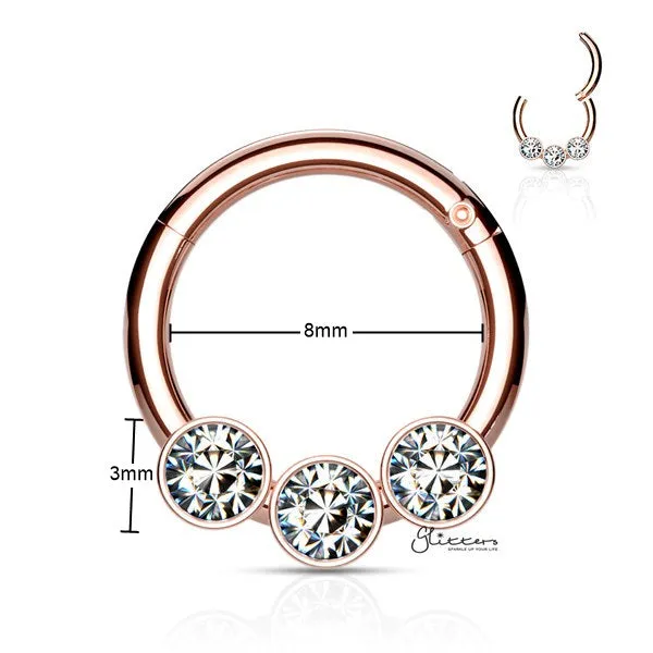 Rings Glitters 316L Surgical Steel Hinged Segment Hoop Ring with 3 Crystals Rose Gold