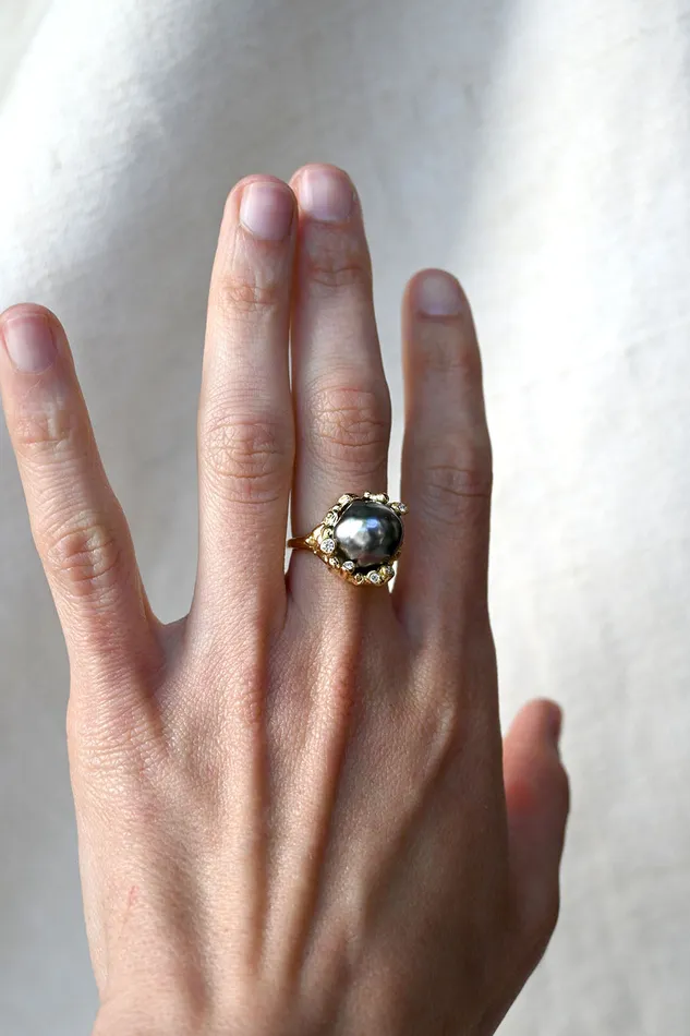 Rings Kimberlin Brown Tahitian Black Pear and Diamond Ring
