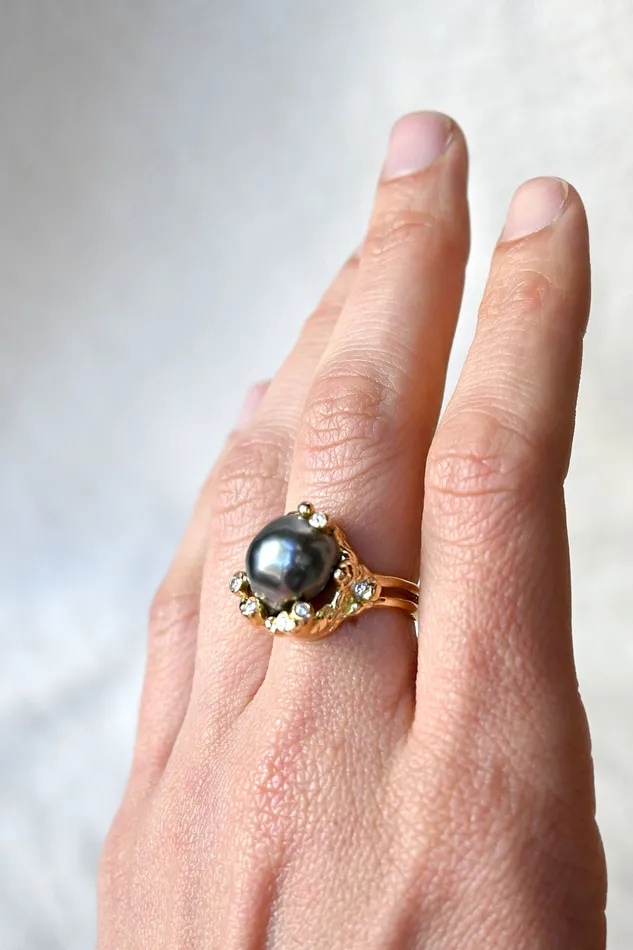 Rings Kimberlin Brown Tahitian Black Pear and Diamond Ring
