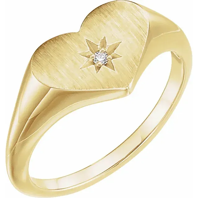 Rings Storyteller by Vintage Magnality Heart Signet Natural Diamond Starburst Wear Everyday Ring Solid 14K Rose Yellow White or SilverGold
