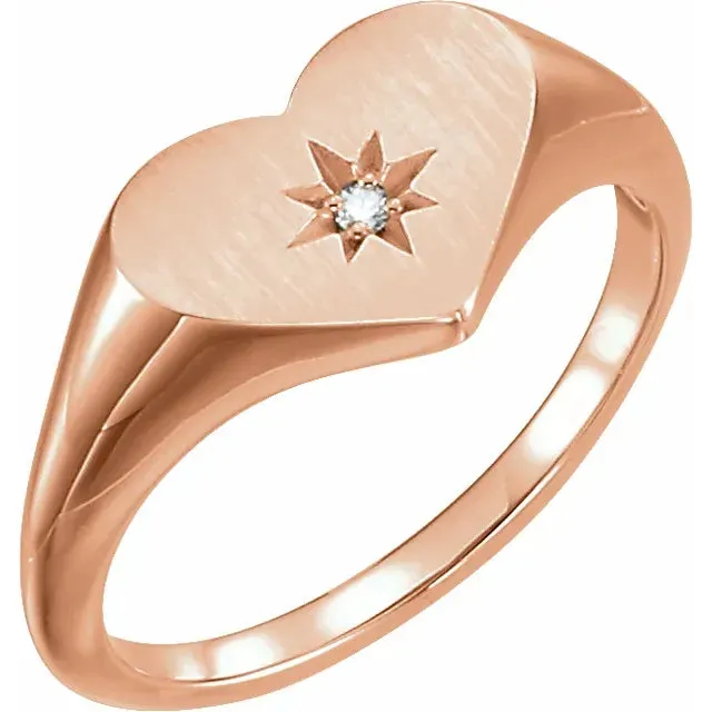 Rings Storyteller by Vintage Magnality Heart Signet Natural Diamond Starburst Wear Everyday Ring Solid 14K Rose Yellow White or SilverGold