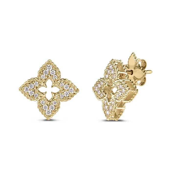 ROBERTO COIN Earrings 18K Yellow Gold Ventian Princess Small Diamond Pave Flower Stud Earrings