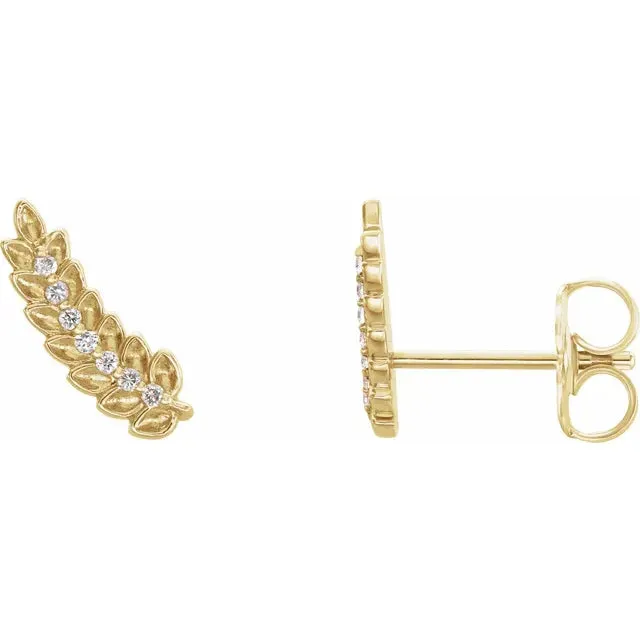 Roman Leaf Natural Diamond Ear Climber Earrings Solid 14K Yellow White Rose Gold Storyteller by Vintage Magnality Earrings