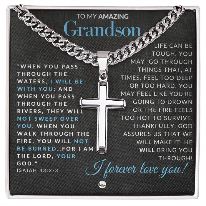 ShineOn Fulfillment Necklaces Grandson Gift Isaiah 4323 Christian Encouragement Christian Cross Pendant on Mens Chain Necklace Great for Christmas His Birthday Baptism or Confirmation