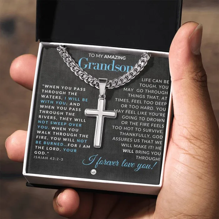 ShineOn Fulfillment Necklaces Grandson Gift Isaiah 4323 Christian Encouragement Christian Cross Pendant on Mens Chain Necklace Great for Christmas His Birthday Baptism or Confirmation
