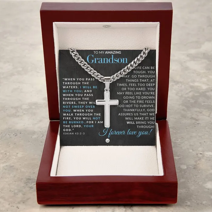 ShineOn Fulfillment Necklaces Grandson Gift Isaiah 4323 Christian Encouragement Christian Cross Pendant on Mens Chain Necklace Great for Christmas His Birthday Baptism or Confirmation