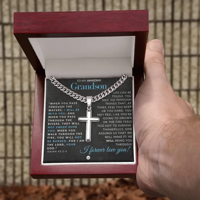 ShineOn Fulfillment Necklaces Grandson Gift Isaiah 4323 Christian Encouragement Christian Cross Pendant on Mens Chain Necklace Great for Christmas His Birthday Baptism or Confirmation
