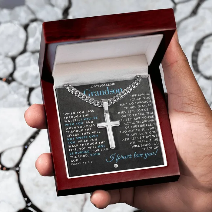 ShineOn Fulfillment Necklaces Grandson Gift Isaiah 4323 Christian Encouragement Christian Cross Pendant on Mens Chain Necklace Great for Christmas His Birthday Baptism or Confirmation