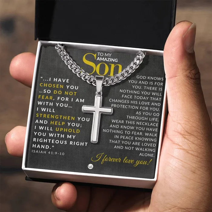 Son Gift Isaiah 41910 Christian Encouragement Christian Cross Pendant on Mens Chain Necklace Great for Christmas His Birthday Baptism or Confirmation ShineOn Fulfillment Necklaces