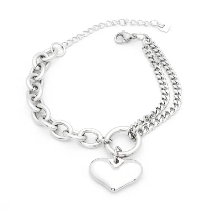 Stainless Steel Womens Bracelet with Dangle Heart Charm Silver Glitters Bracelets