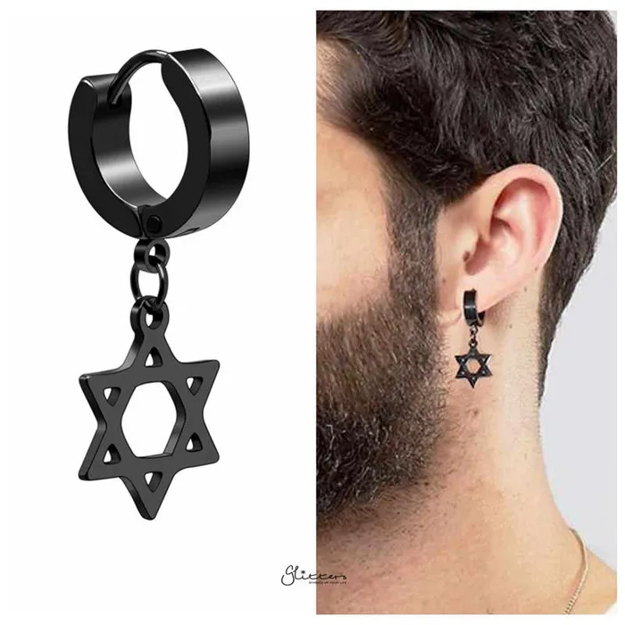 Star of David Symbol Huggie Hoop Earrings Black Glitters Earrings