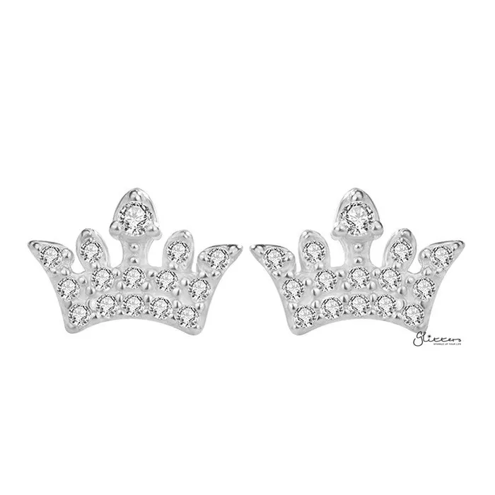 Sterling Silver CZ Paved Crown Stud Earrings Silver Glitters Earrings