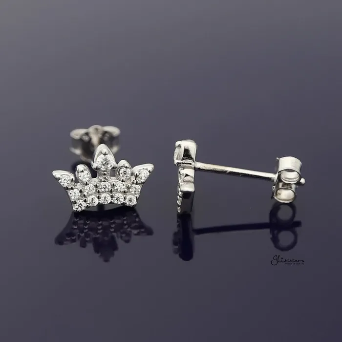 Sterling Silver CZ Paved Crown Stud Earrings Silver Glitters Earrings