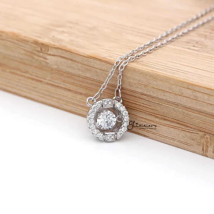 Sterling Silver Hollow CZ Paved Circle with a CZ Stone in The Middle Womens Necklace Glitters Necklaces