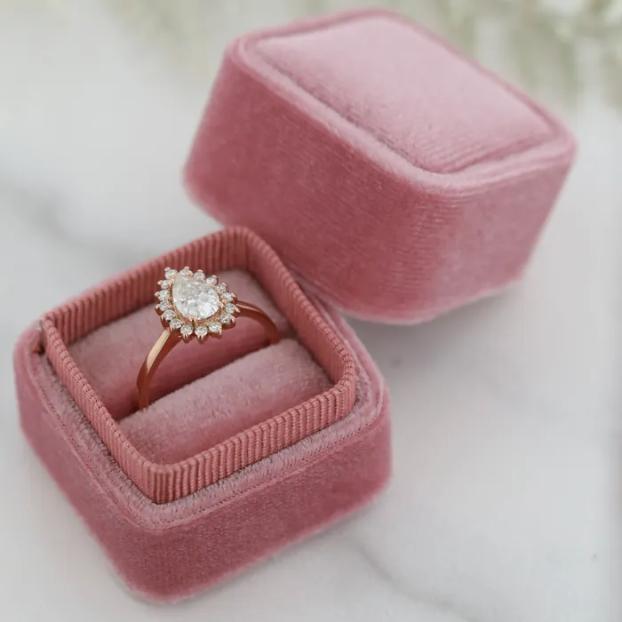 The Leda Platinum White Size 14 Stone Moissanite Pear 7x5mm Pink Ring Box Custom Engraving 0 VENVS Rings The Leda Platinum White Size 14 Stone Moissanite Pear 7x5mm Pink Ring Box Custom Engraving 0 VENVS Rings