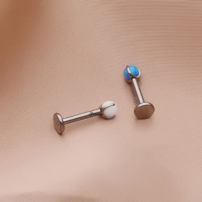 Titanium Opal Top Internally Threaded Flat Back Stud Earrings Blue Glitters Earrings