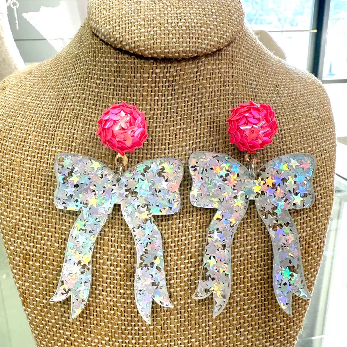 Tonyas Treasures Inc Earrings Sparkle Star Silver Bow Acrylic
