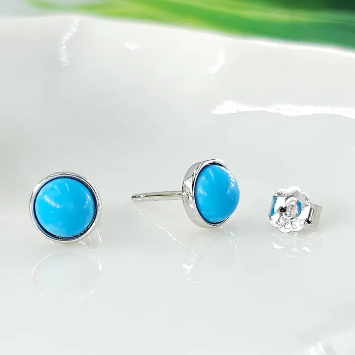 Uniquelan Jewelry Earrings Real Turquoise Bezel Stud Earrings